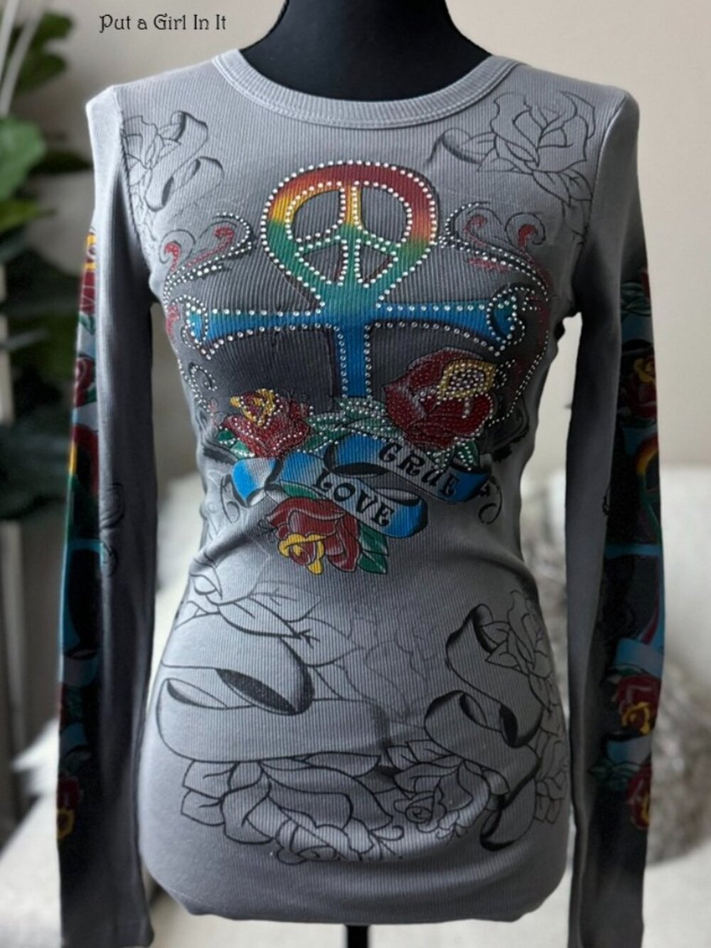 Vocal Apparel women's embellished crystal gray peace sign cross love s small